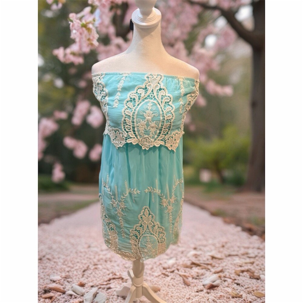 Hot & Delicious Dress Womens Size S Aqua Blue Strapless Lace Overlay Mini Boho